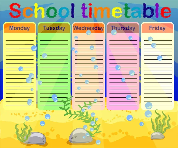 Design School Timetable Kids Bright Underwater Background Planning School Week — Stock Vector