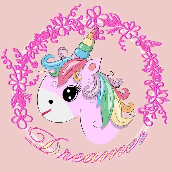 Ilustrasi Vektor Unicorn Dengan Pelangi Menulis Dreamer Unicorn Kepala Kartun - Stok Vektor