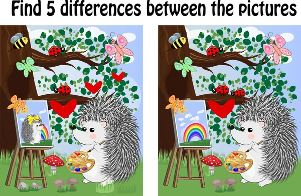 查找图片之间的差异 儿童教育游戏 刺猬艺术家在画架上的树林里作画 — 图库矢量图片