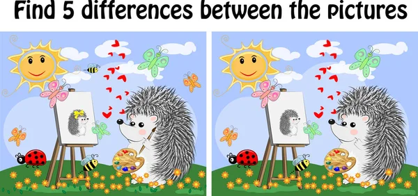 找出图片之间的差异 孩子们的学习游戏 刺猬在童话般的空地上画上画架 — 图库矢量图片
