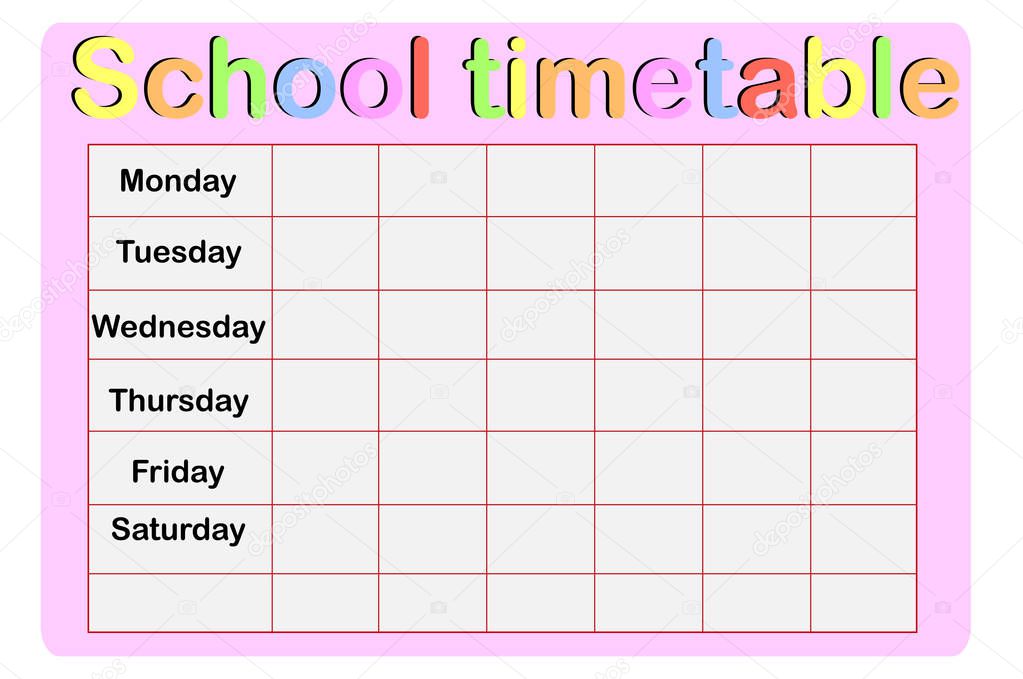 Template school timetable for students or pupils with days of week and free spaces for notes.