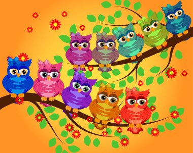 Komik baykuşlar çiçekler dalda üzerinde. Bahar kavramı. Parlak illüstrasyon, yaz duvar kağıdı