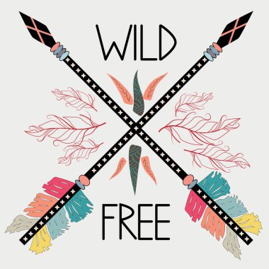 Güzel el illüstrasyon tüyler çapraz etnik oklarla çekilmiş. Boho ve hippi tarzı. Kızılderili motifleri. Vahşi ve ücretsiz posteri.