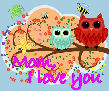 Anne, seni seviyorum. anneler günü tebrik kartı vektör baykuş grafikli
