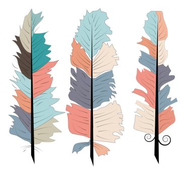 Yerli kızılderili tüy. Elle çizilmiş rustik dekoratif tüyler kümesi.