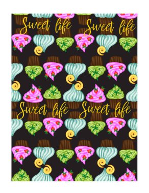 Vektör kek ya da pasta kreması ve vişne ile. Vintage yazıt ile renkli düz illüstrasyon