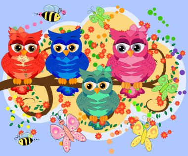 çiçekli ağaç dalı oturan sevimli renkli çizgi baykuşlar. Doğum günü kartları, davetiyeler, baskı, tekstil.