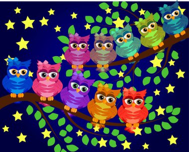 İyi geceler, tatlı rüyalar. Ay, yıldızlar ve baykuş gece sahne. Baykuş dalı. Ay yıldız yaptı. Doğa.