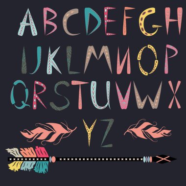 Etnik yazı tipi. Kızılderili Hint alfabesi vektör kümesi. Fantezi çok renkli harfler, şematik şekilleri.