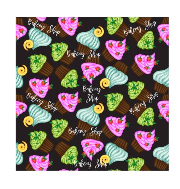 Vektör kek ya da pasta kreması ve vişne ile. Vintage yazıt ile renkli düz illüstrasyon