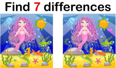 Çocuklar için oyun: farklılıklar, bul küçük deniz kızı ve deniz dünya