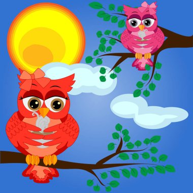 Bir parlak, çizgi film, güzel, baykuşlar bir yay kulak ve bir fincan kahve ile bir çiçekli ağaç dalı üzerinde oturur