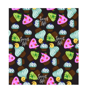 Vektör kek ya da pasta kreması ve vişne ile. Vintage yazıt ile renkli düz illüstrasyon