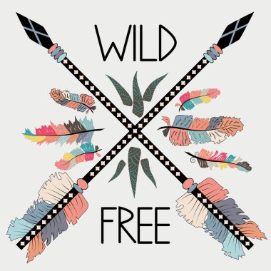 renkli resimde çapraz etnik oklar, tüyler ve kabile süsleme ile. Boho ve hippi tarzı. Kızılderili motifleri. Vahşi ve ücretsiz posteri.