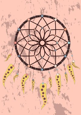 İllüstrasyon ile el çekilmiş rüya yakalayıcı. Tüyler ve boncuk. Çizim doodle.