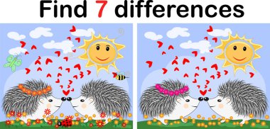 Resimler arasındaki farkları bulun. Çocuk eğitim oyunu. Gökkuşağı, ladybugs yakınındaki bir güneşli glade kirpi