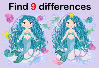 Eğitim okul öncesi çocuklar için oyun farkları bul. Bir dizi inci ile güzel deniz kızı. Karikatür çizim.