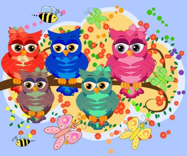 çiçekli ağaç dalı oturan sevimli renkli çizgi baykuşlar. Doğum günü kartları, davetiyeler, baskı, tekstil.