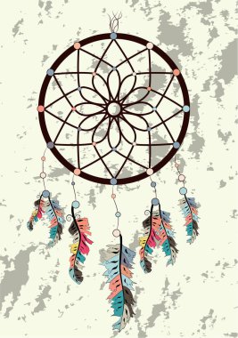 İllüstrasyon ile el çekilmiş rüya yakalayıcı. Tüyler ve boncuk. Çizim doodle.