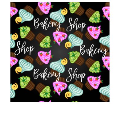 Vektör kek ya da pasta kreması ve vişne ile. Vintage yazıt ile renkli düz illüstrasyon