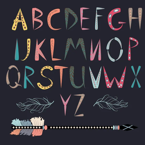 Tribal Alfabet Etnische Lettertype Vector Afrikaanse Azteekse Stijl Letters Hand — Stockvector