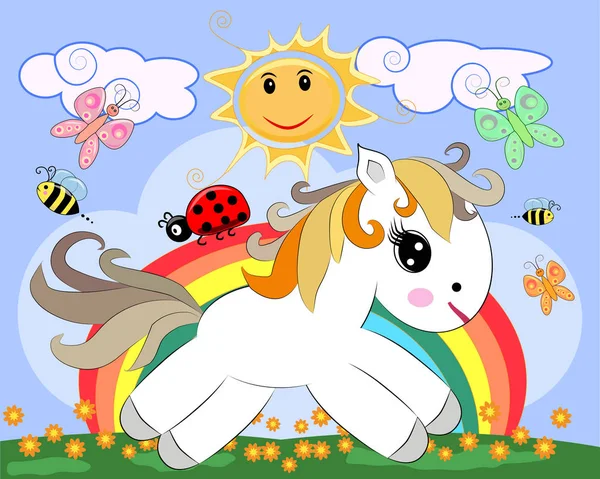 Bílá Pony Mýtině Květinami Rainbow Slunce Dětské Ilustrace Pohádková Postava — Stockový vektor