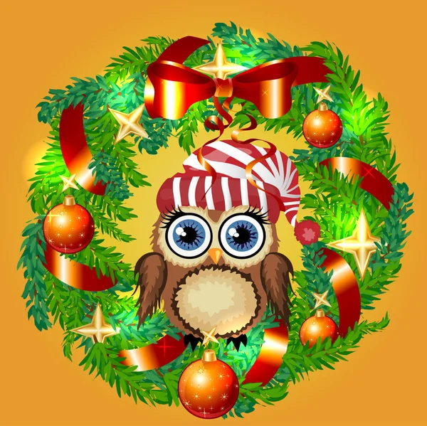 Joyeux Noël Voeux Conception Carte Voeux Hibou Dans Chapeau Père — Image vectorielle