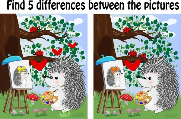 Encontre Diferenças Entre Imagens Jogo Educativo Infantil Hedgehog Artista Pinta —  Vetores de Stock