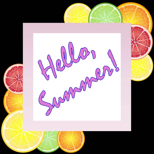 Different Fruits Pattern Hello Summer Text — Stock Vector
