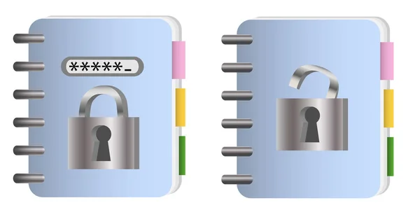 Das Konzept Des Datenschutzes Ein Paar Notizbücher Mit Metallkette Und — Stockvektor