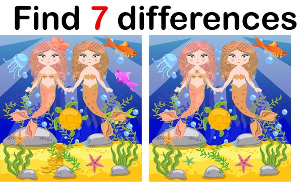 Spiel Für Kinder Unterschiede Finden Kleine Meerjungfrau Und Meereswelt — Stockvektor