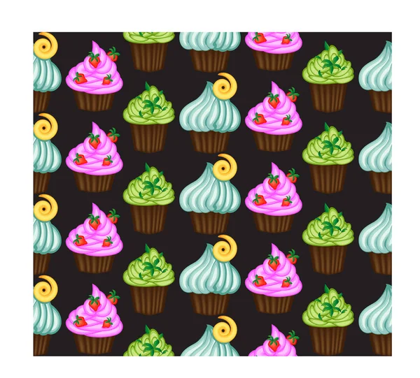 Padrão Sem Costura Com Cupcakes Fundo Preto Vida Doce Fundo — Vetor de Stock