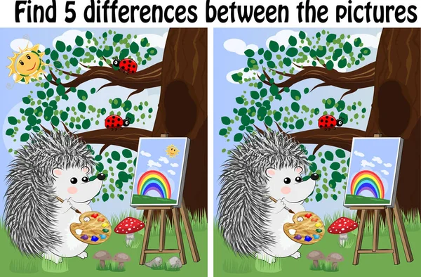 查找图片之间的差异 儿童教育游戏 刺猬艺术家在画架上的树林里作画 — 图库矢量图片