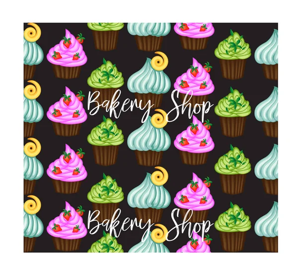 Seamless Pattern Cupcakes Black Background Sweet Life Background — Stock Vector