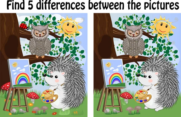 查找图片之间的差异 儿童教育游戏 林间空地上的刺猬画在画架上 猫头鹰坐在树枝上欣赏 — 图库矢量图片