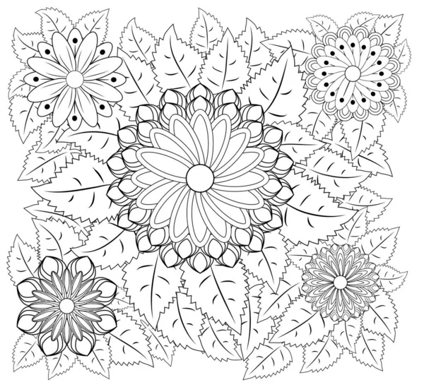 Coloriage Fleurs Fantaisie Doodle Dessiné Main Illustration Motifs Floraux Design — Image vectorielle