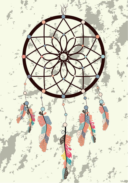 Illustration with hand drawn dream catcher. Feathers and beads. Doodle drawing.