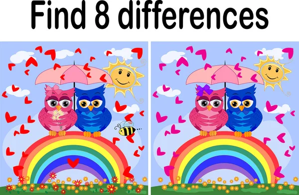 找出图片之间的差异 儿童发展游戏 猫头鹰坐在彩虹上 — 图库矢量图片