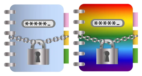 Das Konzept Des Datenschutzes Ein Paar Notizbücher Mit Metallkette Und — Stockvektor