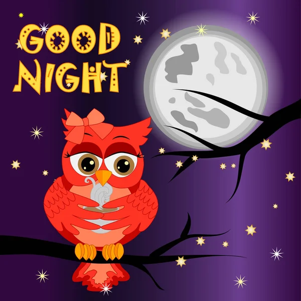 Good Night Card Moon Cute Owl — Stock Vector