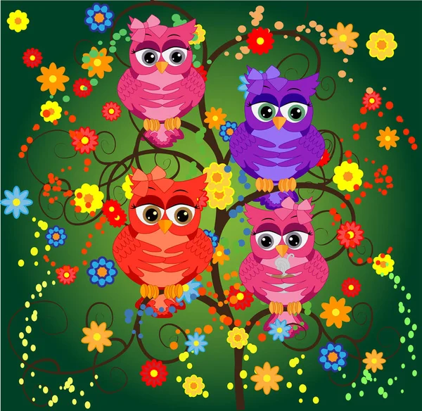 Funny Owls Branch Flowers Spring Concept Bright Illustration Summer Wallpaper — Stock Vector