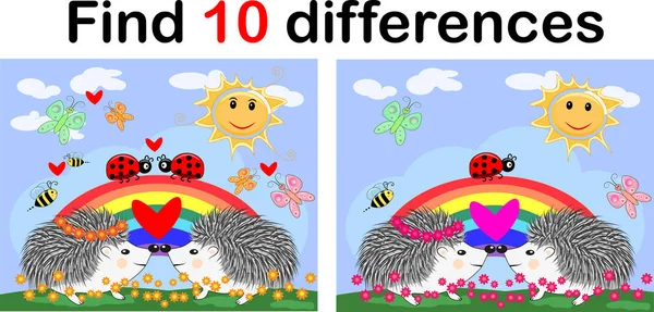 查找图片之间的差异 儿童教育游戏 在彩虹附近阳光明媚的林间空地上 — 图库矢量图片