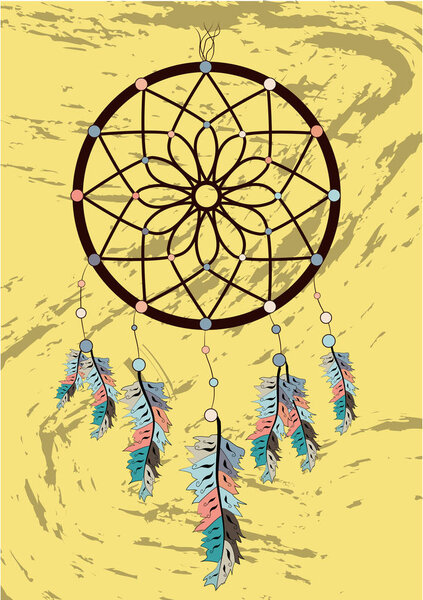 Illustration with hand drawn dream catcher. Feathers and beads. Doodle drawing.