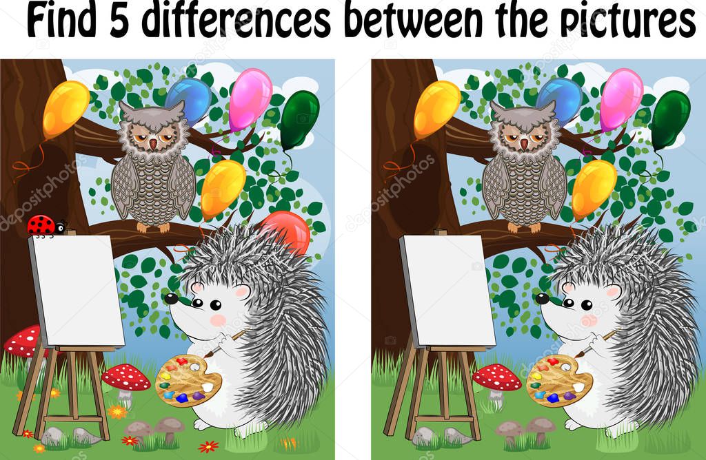Find the differences between the pictures. Children's educational game. A hedgehog on a forest glade draws on an easel, owls sit on a tree branch and admire