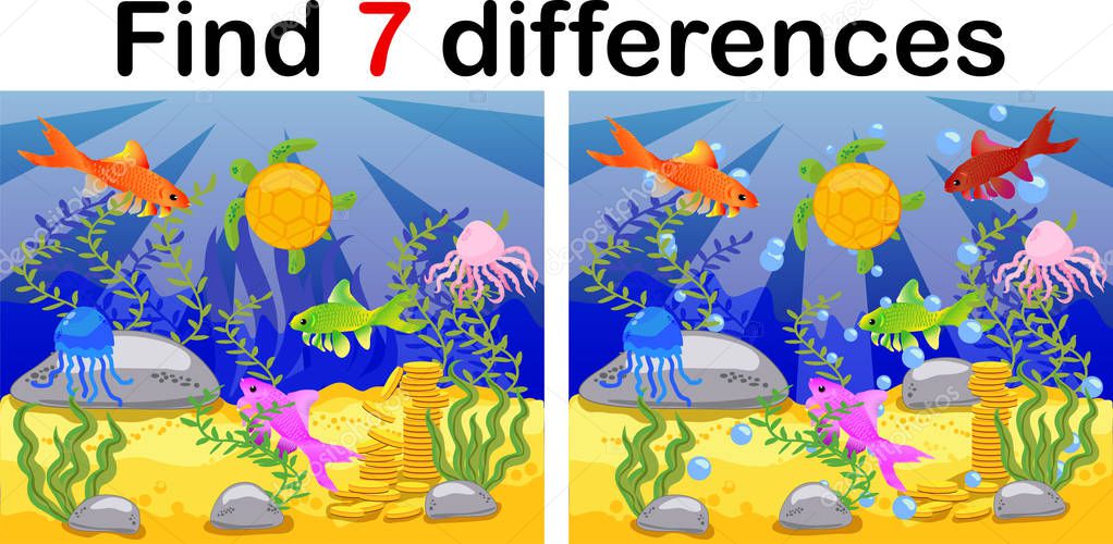 Underwater world, ocean floor with octopus, submarine, whale, fish, corals and sea shells. Educational game for kids: find ten differences.