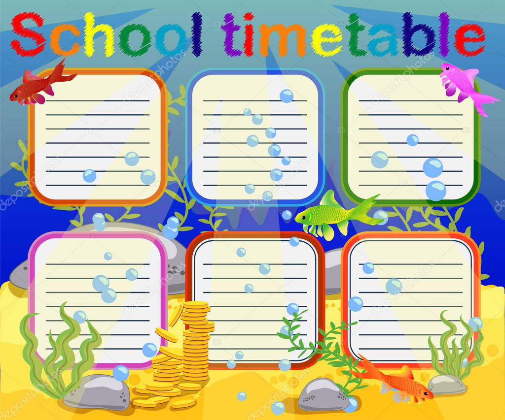 Design of the school timetable for kids. Bright underwater background for the planning of the school week
