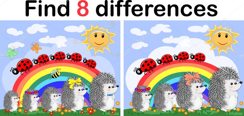 Find the differences between the pictures. Children's educational game. Hedgehogs on a sunny glade near the rainbow, ladybugs