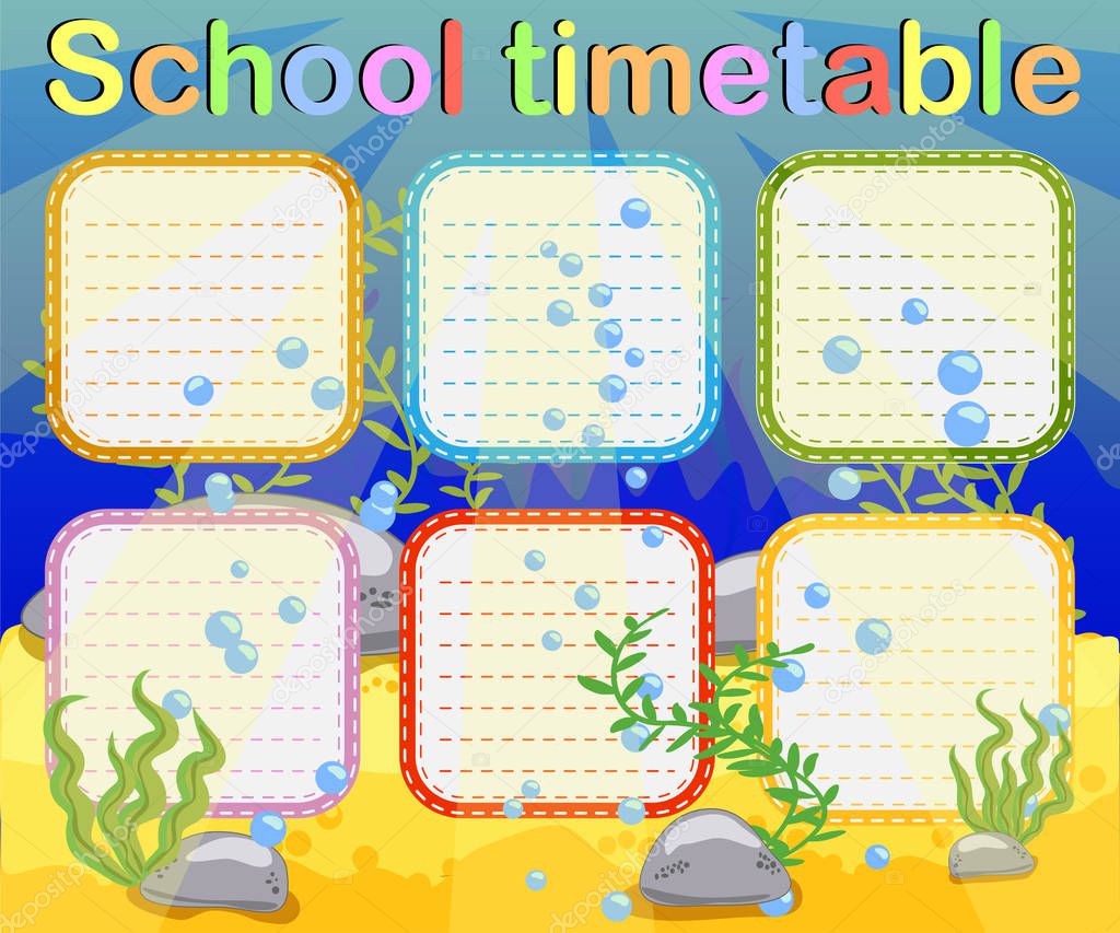Design of the school timetable for kids. Bright underwater background for the planning of the school week