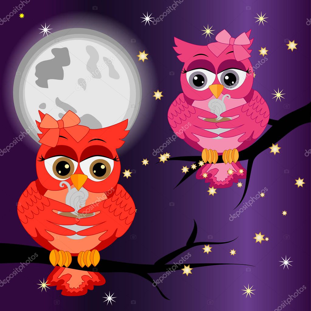 Night Landscape With Beautiful Owls And A Full Moon Premium Vector In Adobe Illustrator Ai Ai Format Encapsulated Postscript Eps Eps Format