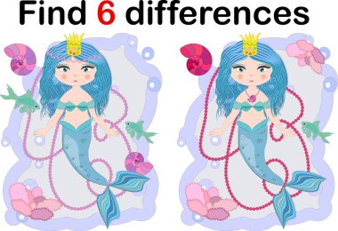 Eğitim okul öncesi çocuklar için oyun farkları bul. Bir dizi inci ile güzel deniz kızı. Karikatür çizim.